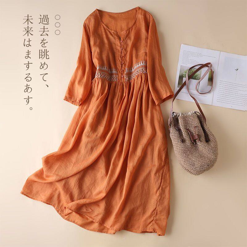 Cotton Ethnic Style Embroidered Dress, Artistic Round Neck Nine-quarter cheapest Sleeve