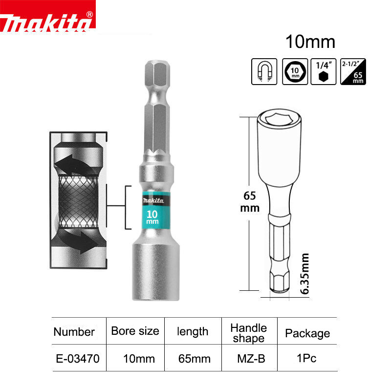 Makita Torque Sleeve Batch Head 8mm/10mm 1/4'' Hex Shank 65mm Nut