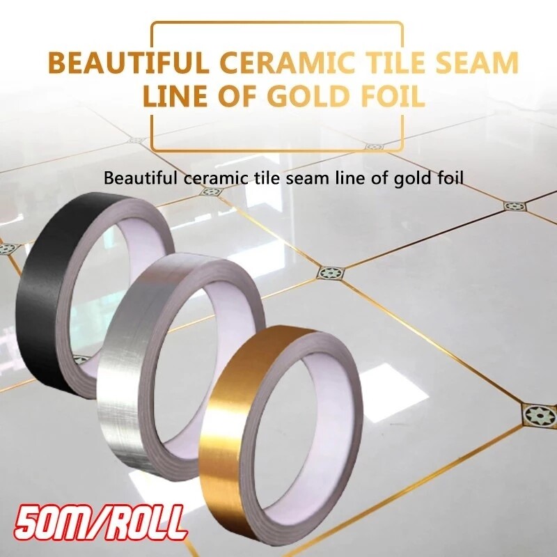 50M Adhesive Floor Tile Strip Seam Sticker Silver/Gold/Black PVC Waterproof Wall Sealing Tape Copper Foil Tape Floor Decorative Strip Bathroom Wallpaper 0.5Cm 0.8Cm 2Cm 4Cm Width