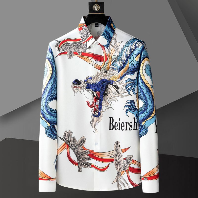 Hot Drill Color Animal Dragon Camiseta Masculina Shirts For Men Social Club Outfits Trend Brand Hot Diamond Print Shirt Men