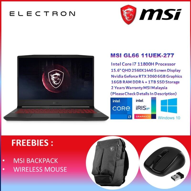 MSI GL66 11UEK-277 (i7-11800H 16GB D4 1TB PCIe NV RTX3060 6GB 15.6QHD W10 165Hz / 2 YRS) Malaysia