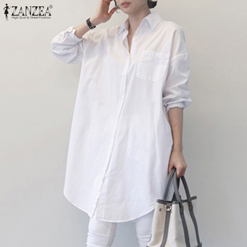 ZANZEA Womens Raglan Long Sleeve High Low Cut Tunic Buttons Solid Shirt Tops Blouses
