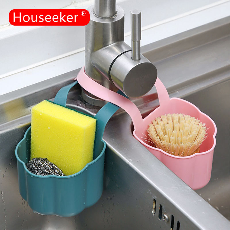 Houseeker Kitchen Sink Organizer Sink Soap Sponge Drain Holder Hanging Strainer Basket Case Kitchen Gadgets