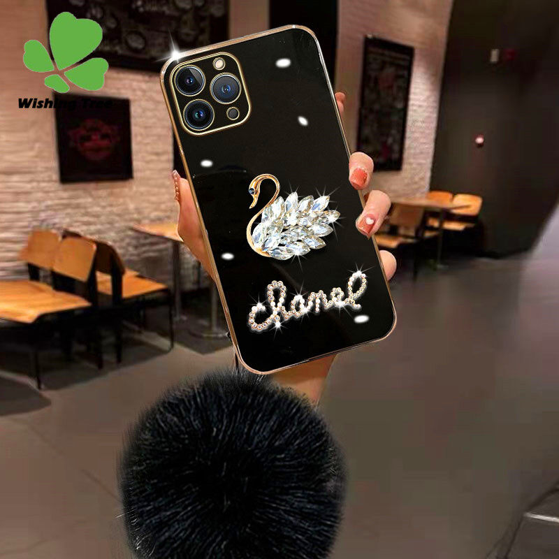 Luxurious shiny diamonds swan case + hairy ball phone case for iphone 11 pro max 12 pro max 13 pro max 14 pro max 14 plus 13 12 mini xr x xs max 8 7 6s 6 plus