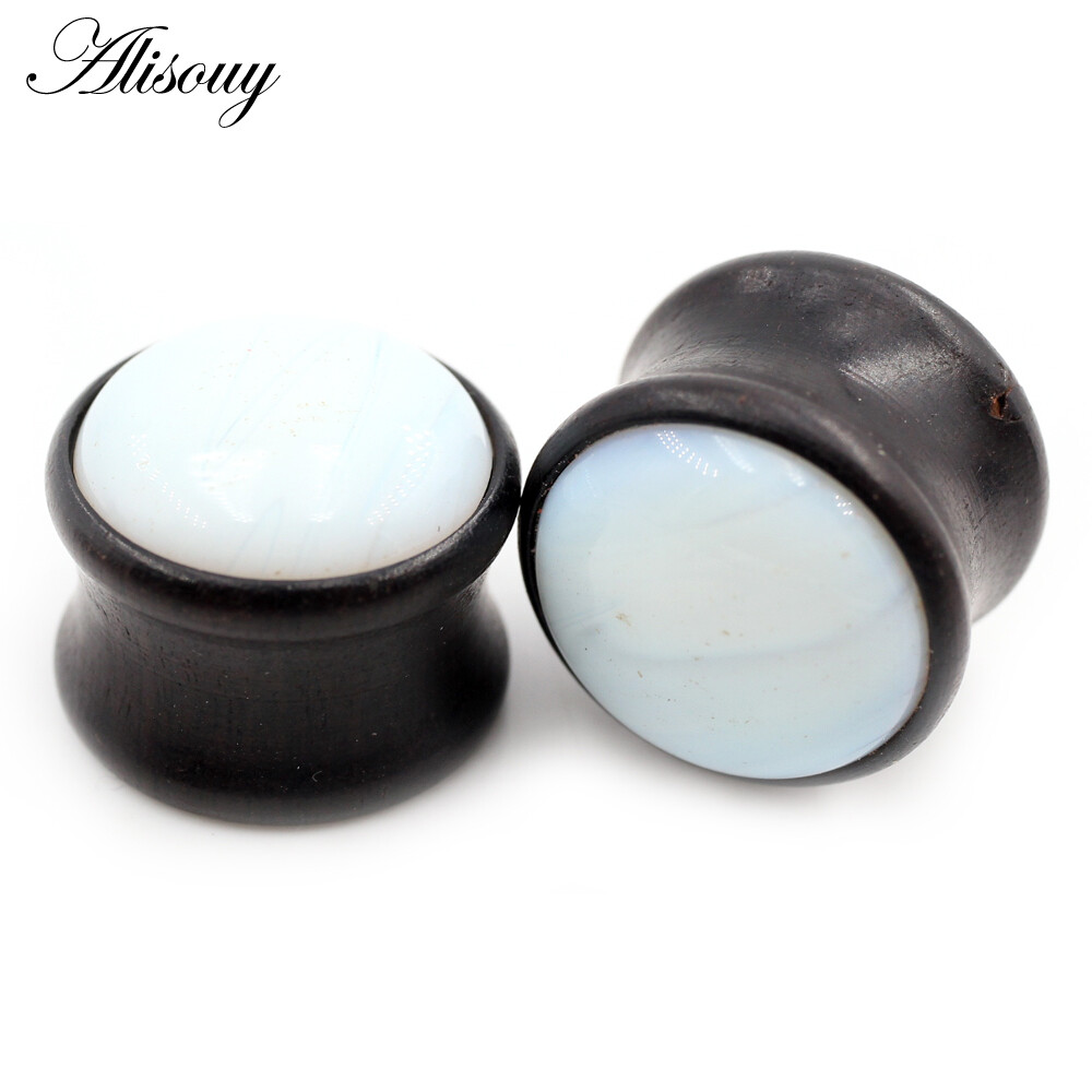 Alisouy 2PCS Natural Wood Opal Stone Flared Ear Plugs Tunnels Flesh Stretcher Guages Earrings Expander Piercing Body Jewelry
