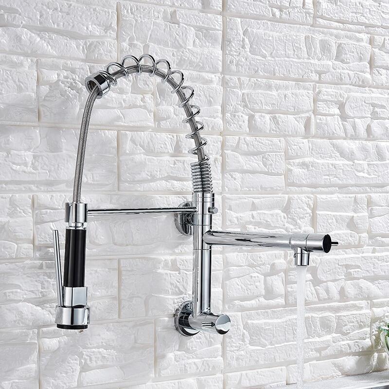 Spring Black Kitchen Faucet Pull Down Chrome Single Cold Wall Mounted Kitchen Taps Dual Function Sprayer Taps