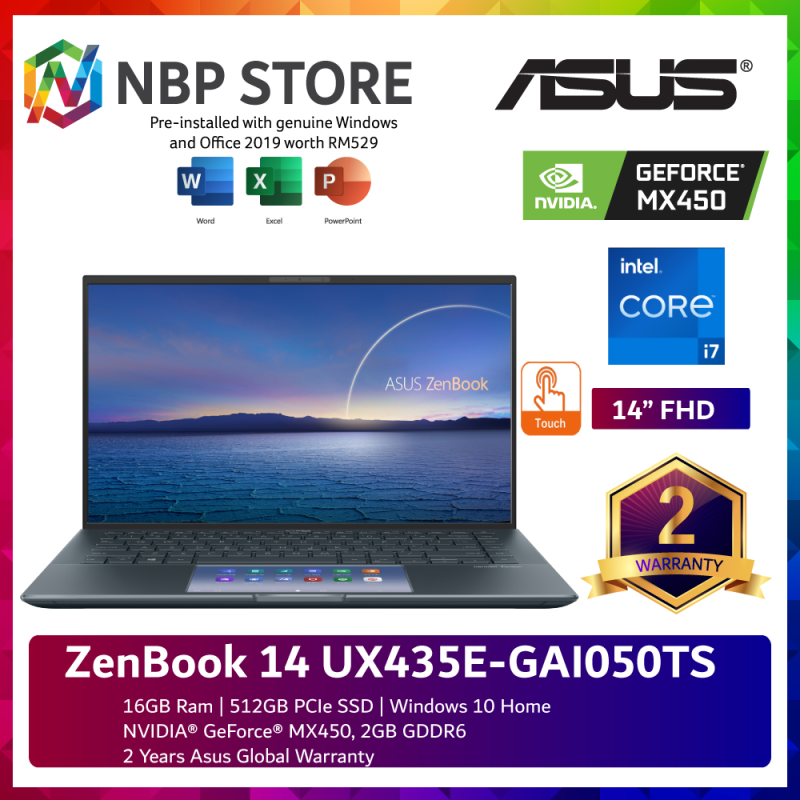Asus ZenBook 14 UX435E-GAI050TS 14 FHD Touch Laptop Pine Grey ( i7-1165G7, 16GB, 512GB SSD, MX450 2GB, W10, HS ) Malaysia