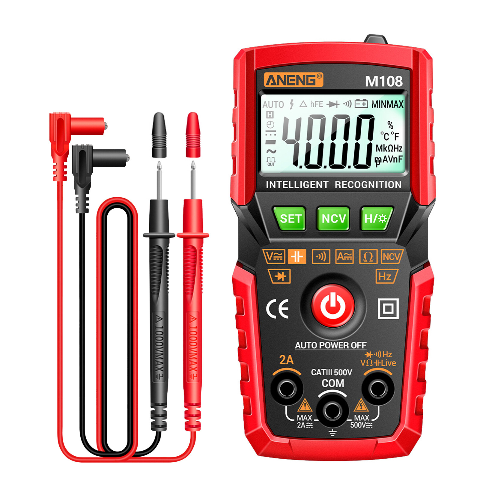 KKmoon ANENG Đồng Hồ Vạn Năng Kỹ Thuật Số Thông Minh M108 Đồng Hồ Vạn Năng NCV Phạm Vi Tự Động 4000 Số Đếm Máy Kiểm Tra Đa Năng Cầm Tay Vôn Kế Ampe Kế Có Đèn Nền Đèn Pin Điện Áp AC/DC & Điện Trở Dòng Điện Đo Tần Số Điện Dung