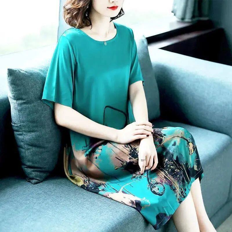 【SW】Ice silk dress middle-aged and elderly large size summer short-sleeved long skirt