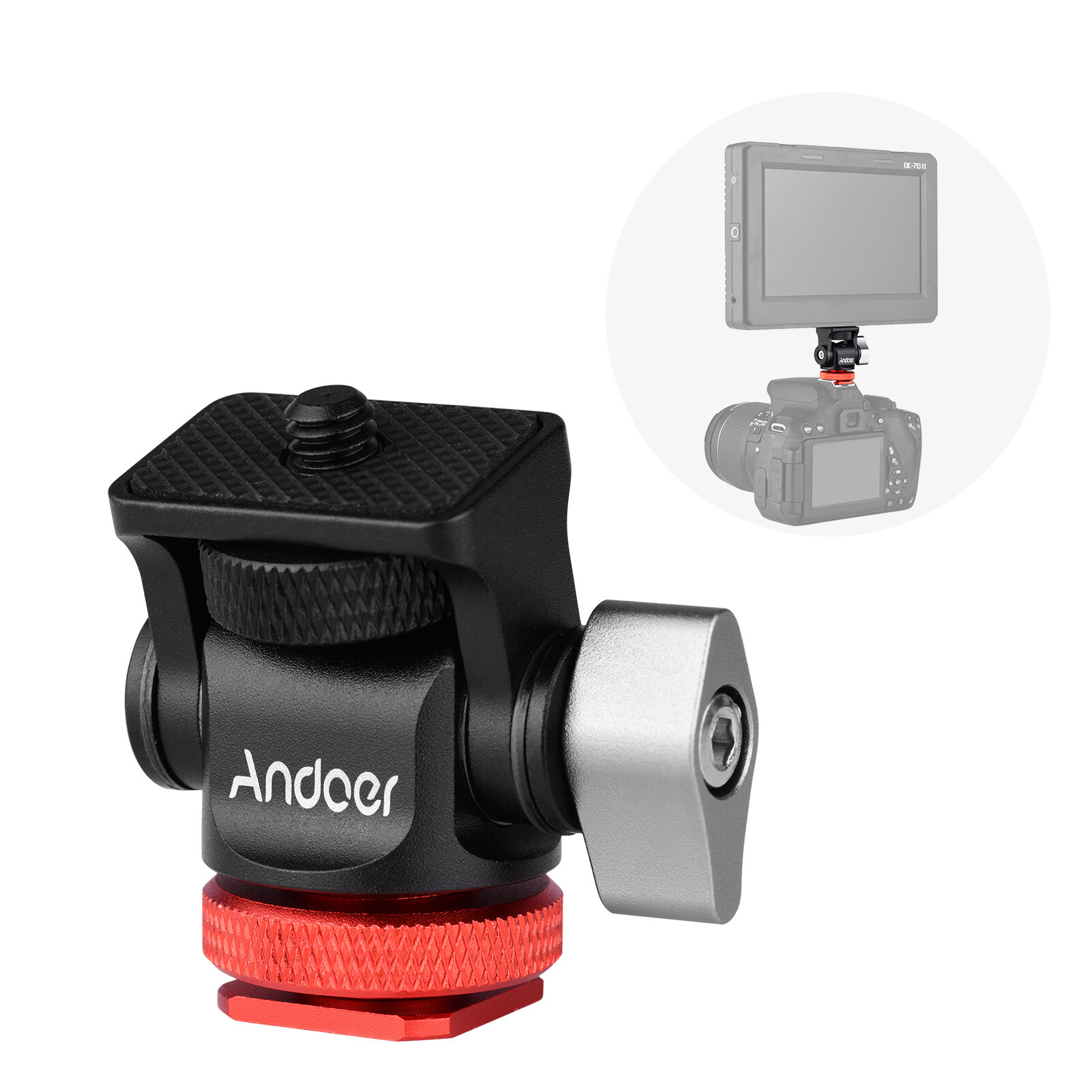 Andoer Mini Monitor Mount Tripod Head Cold Shoe Adapter Aluminum Alloy 1/4 Inch Screw for Mounting Camera Monitor Flash Microphone LED Fill Light