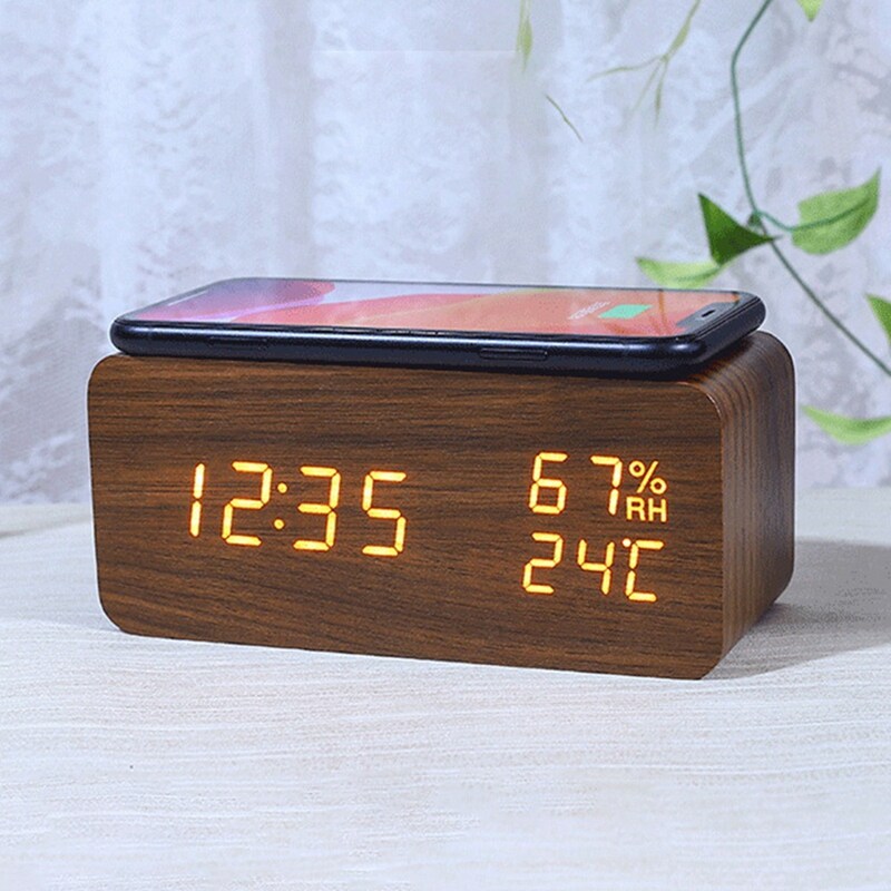 Digital Alarm Clock, Temperature and Humidity Alarm Clock LED Electronic Clock Smartphone Wireless Charger