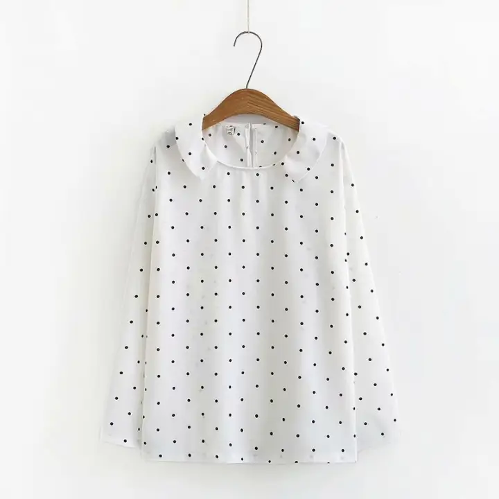 women's white blouse with black polka dots