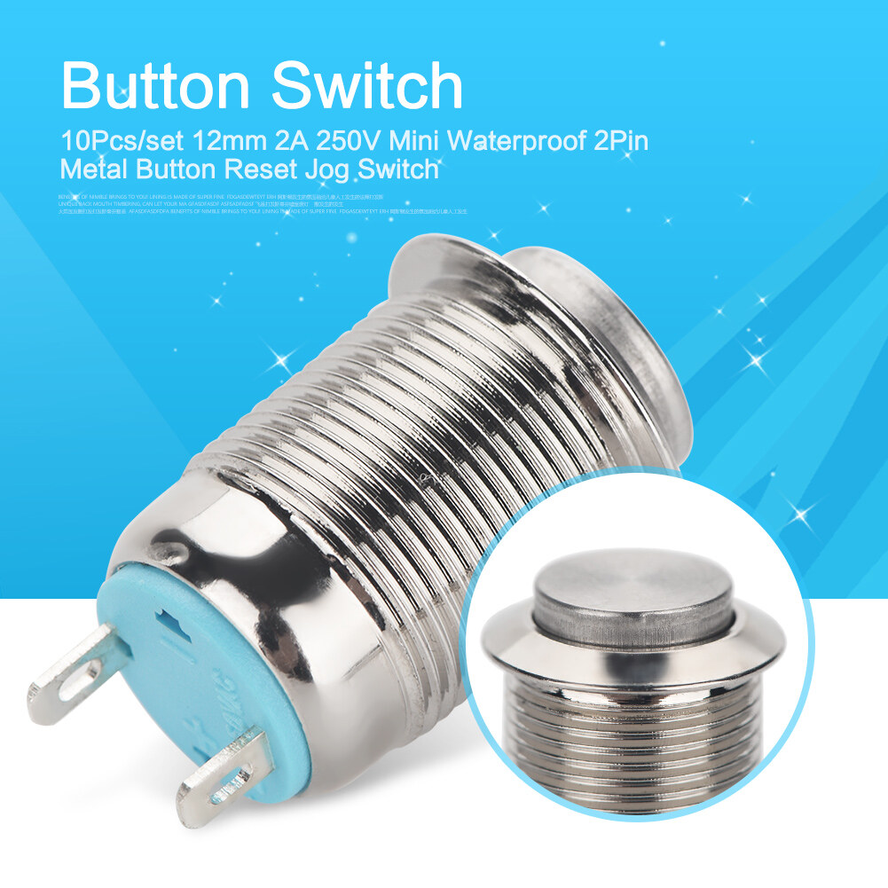 10Pcs/set 12mm 2A 250V Mini Waterproof 2Pin Metal Button Reset Jog Switch