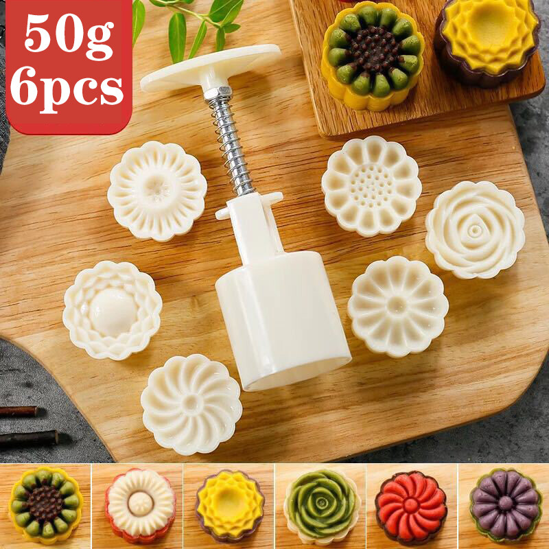 SHOOTHE 6Pcs Round Shape Manual Pastry Mould Moon Cake Mold  Stainless Steel/ABS Kitchen Gadgets 50g Baking Tools DIY Handmade