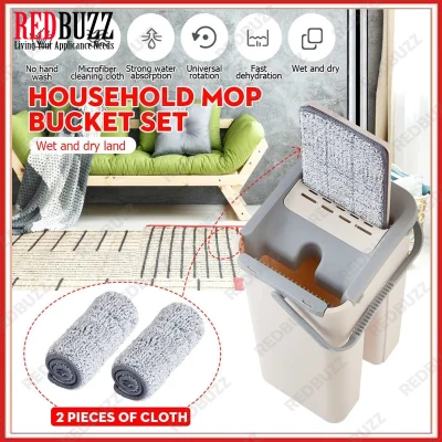 REDBUZZ New Scratch Mop Self-Wash And Squeeze Dry Flat Mop With Bucket 2 Mop Pads 2 In 1 Mop Lantai Lazy Mop