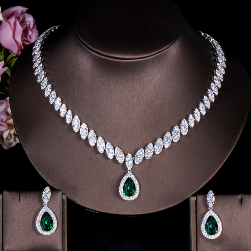 SEQUITO High Quality AAA Cubic Zirconia Stone Teardrop Pendant Earrings Necklace White Gold Tone Classic Wedding Prom Bridal Jewelry Set for Women (Color:Red / Green / Blue / White)