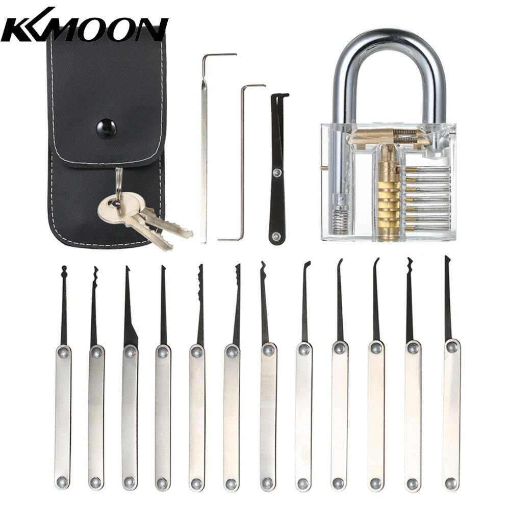KKmoon 15pcs Lock Picking Set Kit Tool with Transparent Practice Training Padlock Lock for Locksmith Beginners and Professional
