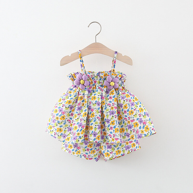 (0-3 tuổi) Bộ đồ hai mảnh cho bé gái mùa hè Cotton Floral quần short treo Set cho bé trẻ em dễ thương bãi biển Set cho trẻ em gái