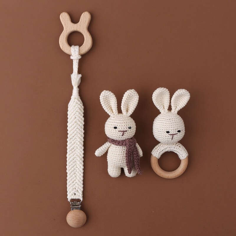 【HOT SALE】Pacifier Clip Set, Dây Chuyền Núm Vú Giả Bện Bằng Gỗ Hình Thỏ Với Teether, Sồi Bé Núm Vú Phụ Kiện Trắng
