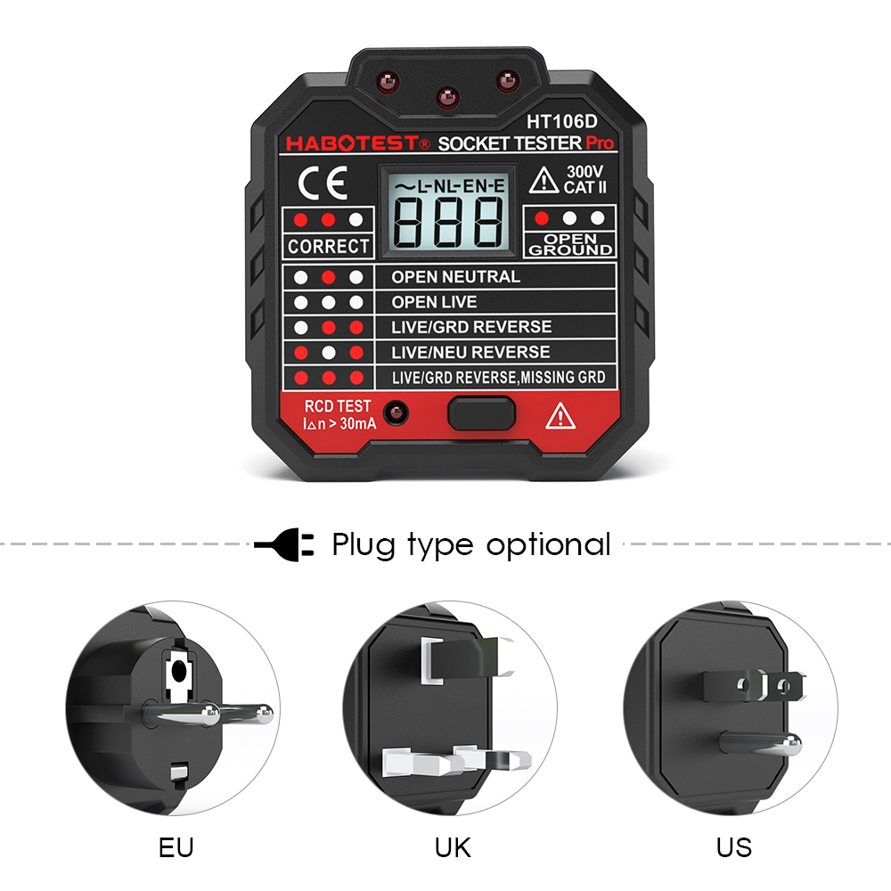 KKmoon HABOTEST Advanced RCD Electric Socket Tester Automatic Neutral Live Earth Wire Testing Circuit Polarity Detector Wall Plug Breaker Finder Electric Leakage Test with Voltage Backlight LCD Display