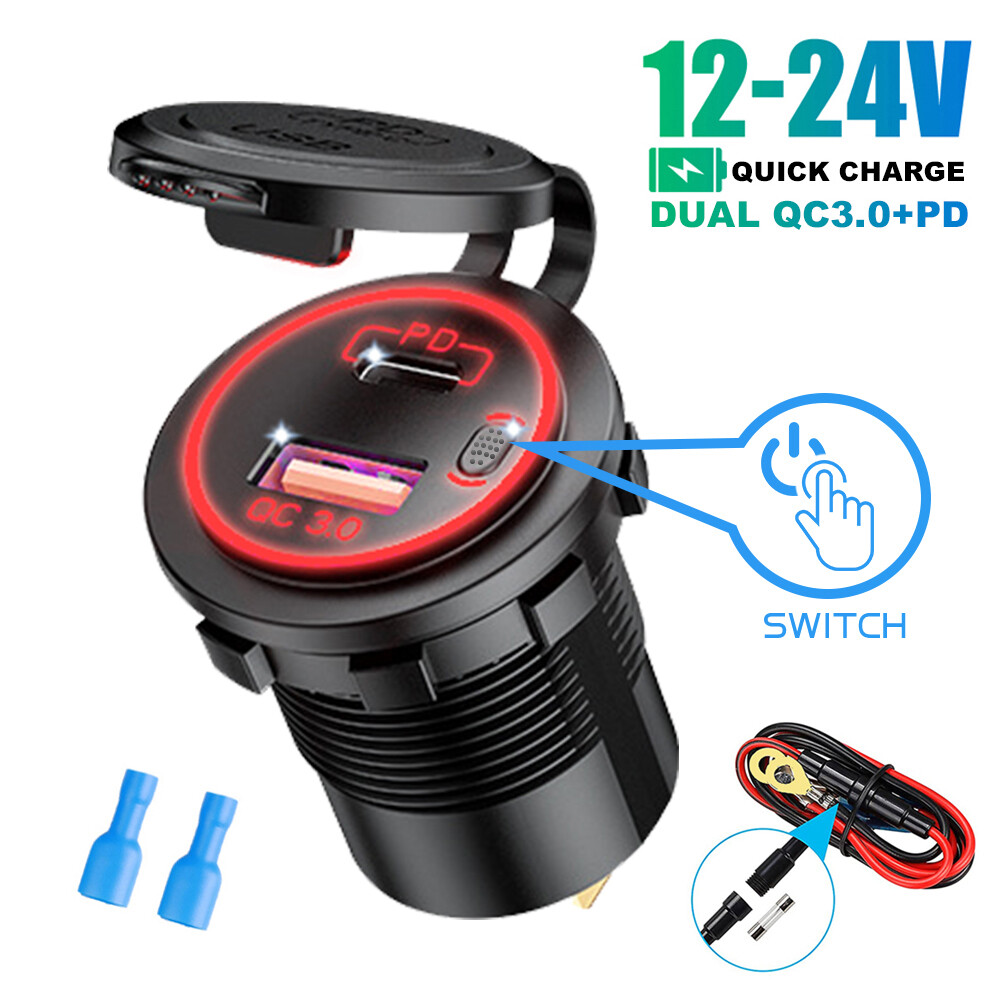 60w usb car charger qc3.0 pd type c with switch socket for 12v/24v vehicles boat motorcycle suv bus truck caravan marine