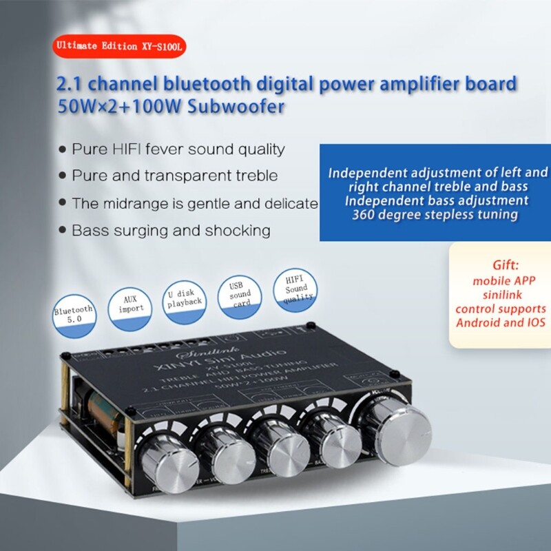 XY-S100L 2.1 Channel Adjustable Bluetooth-compatible Digital Power Amplifier Module Electronics with Treble and Bass