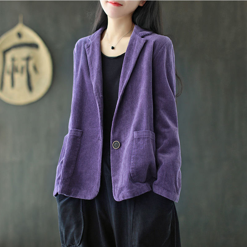 【SW】Corduroy suit collar solid color long sleeve pocket retro jacket