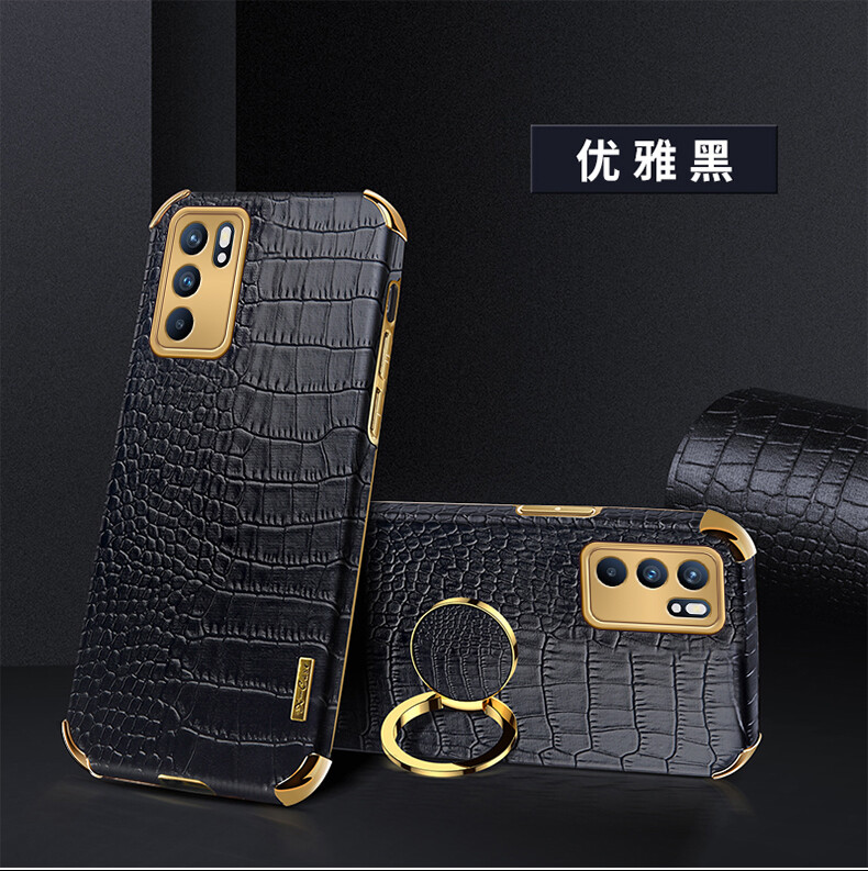 Casing For OPPO Reno 6Z 5G/Reno 6 5G/Reno 6 Pro 5G Soft leather metal ring anti-shock protection crocodile pattern back cover case with cover camera lens protection