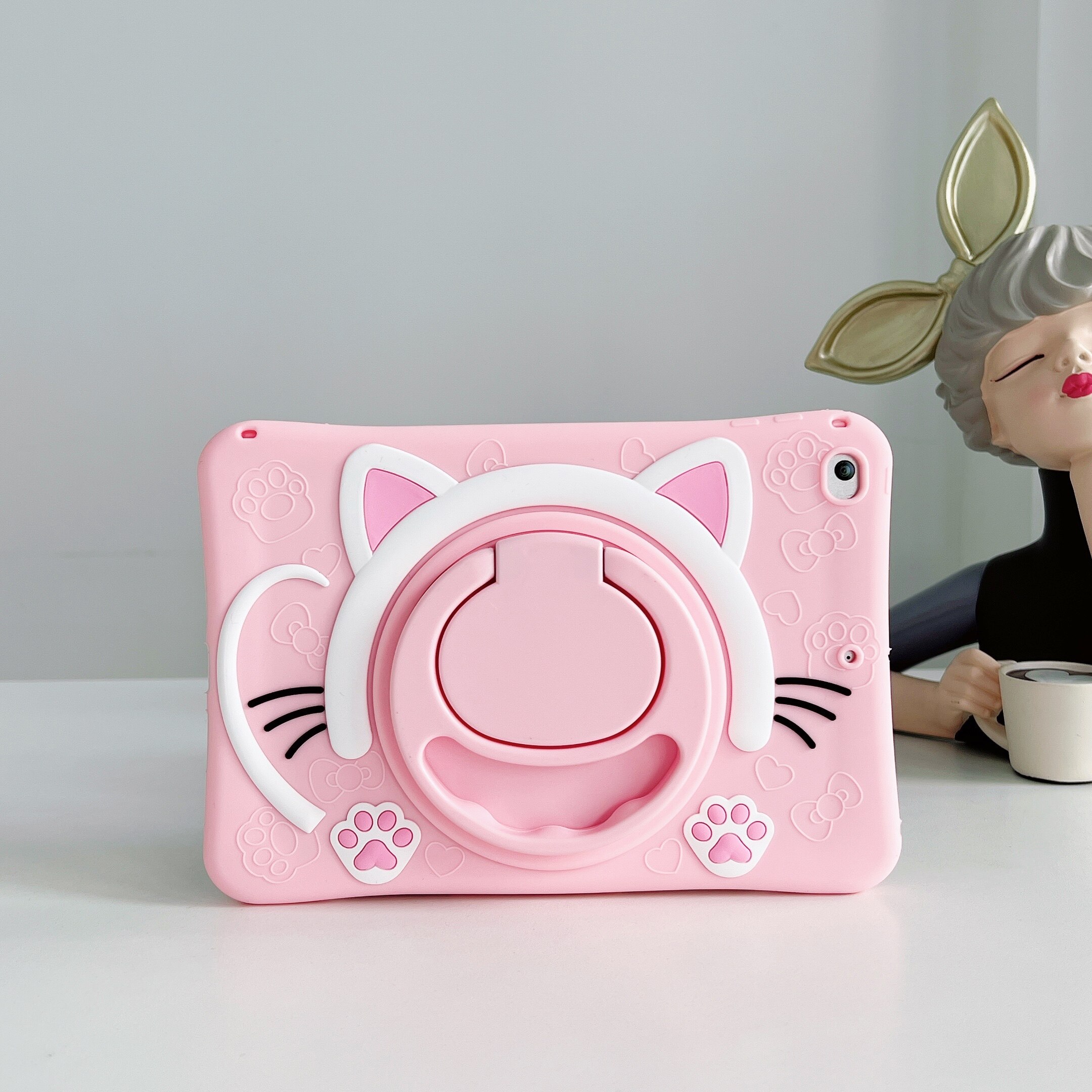 Hoce 360° rotating bracket 3d cute cartoon cat soft silicone case for ipad 2022air5 2020air4 ipad pro ipad air 2 3 4 5 ipad mini 1/2/3/4/5/6 tablet shockproof cover and strap for ipad mini 6