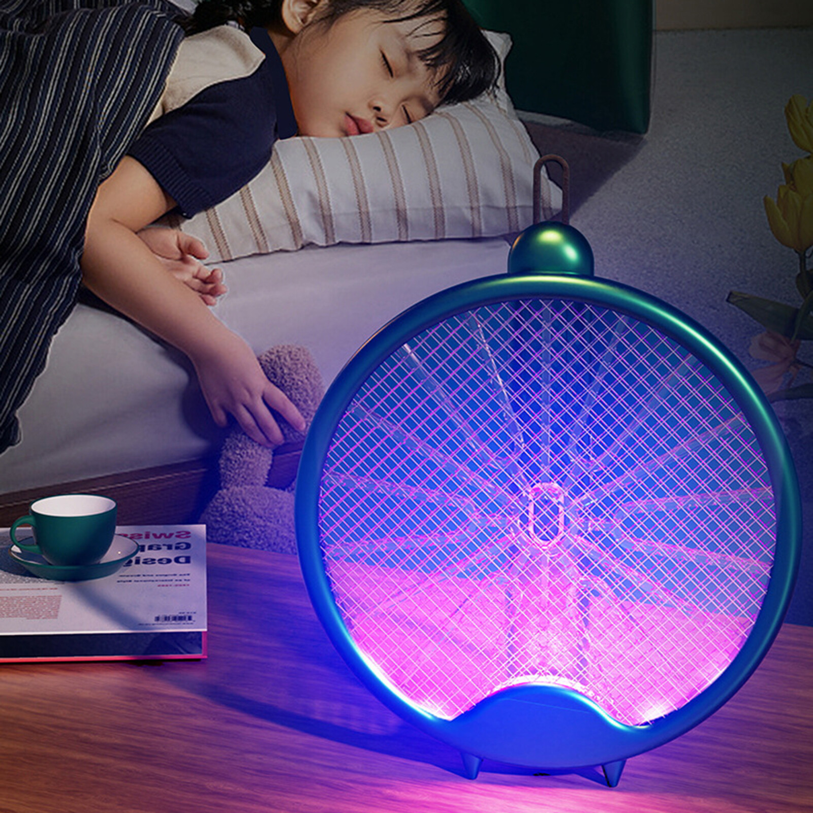 USB Mosquito Swatter Foldable UV Light Bug Zapper Racket Wall-mounted 800mAh Rotatable Rechargeable 5-Layer Safety Mesh Pest Control for Home Bedroom