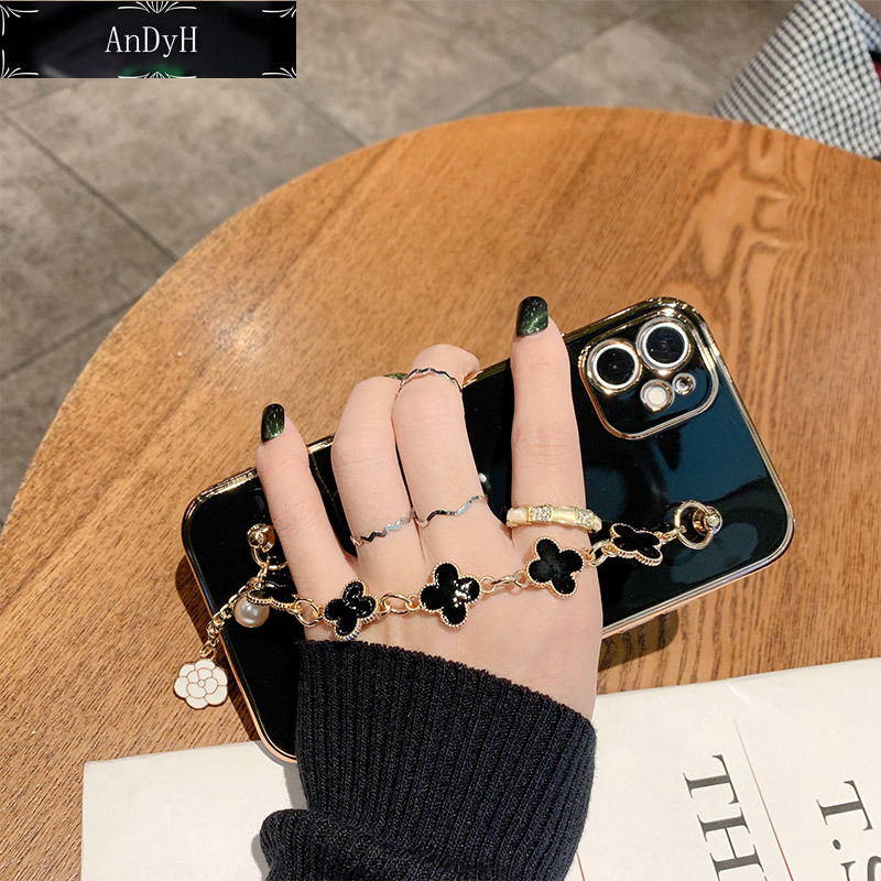 AnDyH Straight Edge Plating Phone case For Samsung Galaxy J4 Plus casing,Precise Camera Protection cases Cute girl style cover with Four leaf clover bracelet