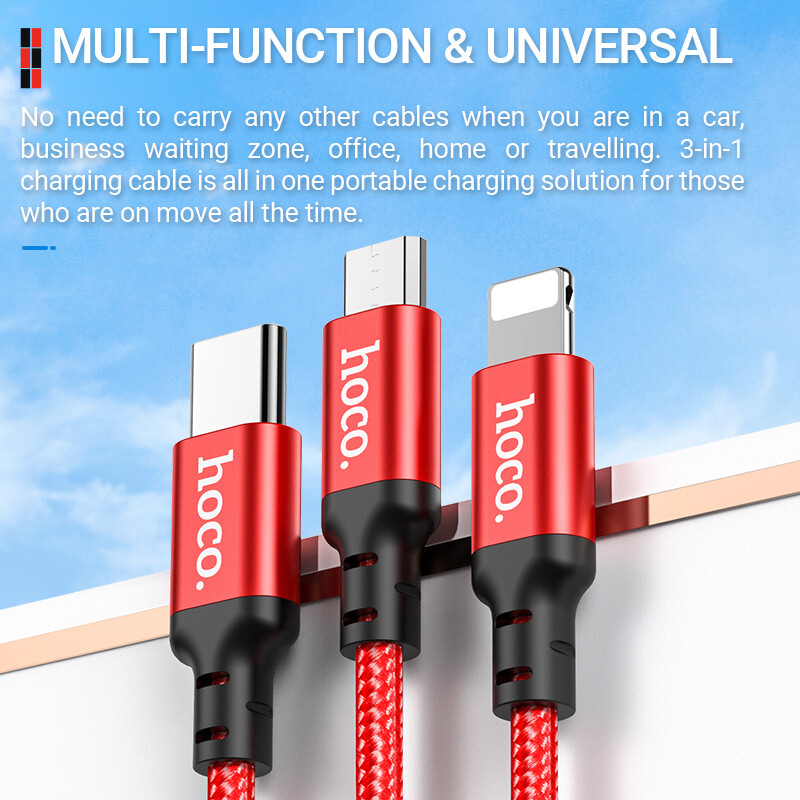 Hoco X14 3 Trong 1 Cáp Sạc Cổng USB (Lightning + Type C + Micro USB) dành Cho iPhone Samsung Huawei Xiaomi