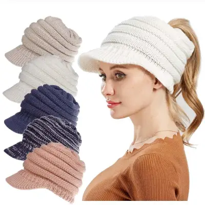 [Cutewomen2020] Women Ponytail Beanie Hat Skull Stretchy Winter Warm Messy High Bun Knitted Cap