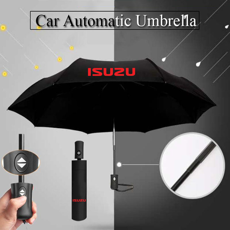 Isuzu short handle advertising umbrella pure black full automatic folding umbrella Isuzu Dmax Trooper Crosswind Mux Hilander Sportivo Fuego Panther TFR ELF Alterra high quality sunscreen and waterproof car accessories