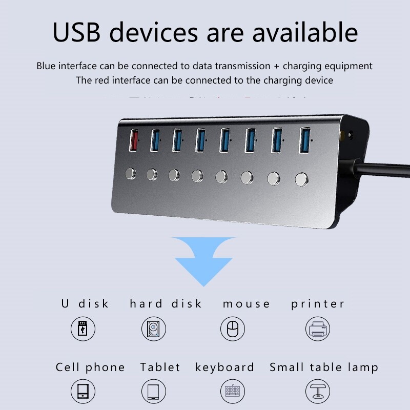 Bộ Chia USB JDB Usb 3.0 Với Công Tắc Độc Lập, Nguồn Điện Bên Ngoài, Bộ Mở Rộng Đa Giao Diện, Hub, Một Cho Bảy Cổng