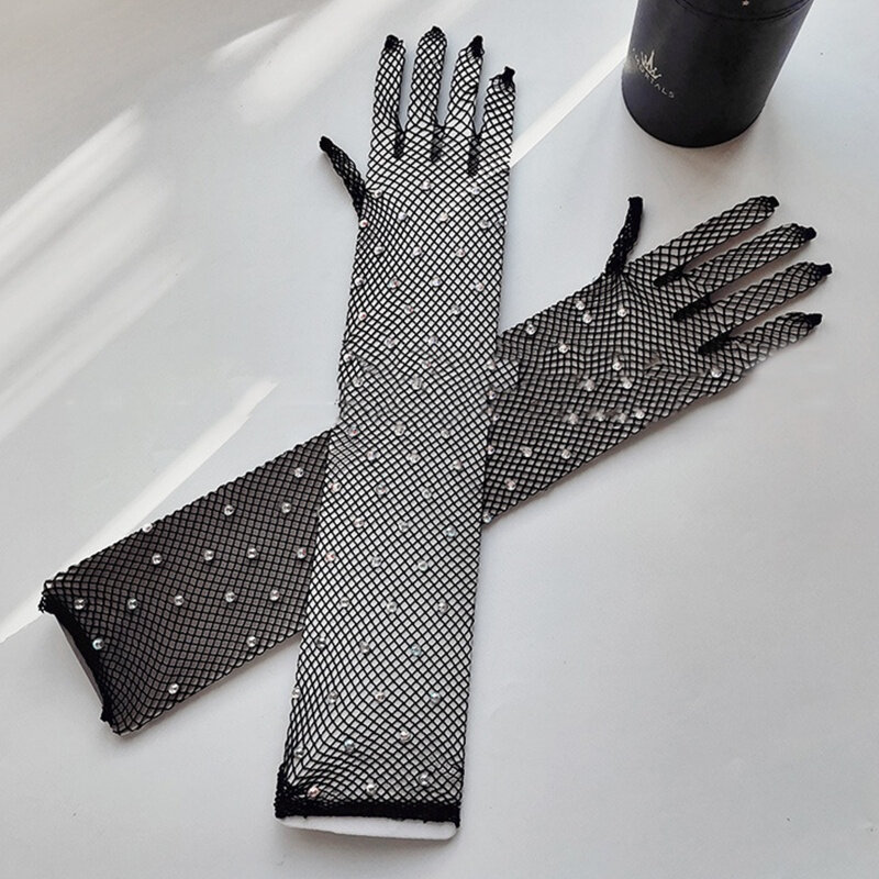 Luxurious Stretch Rhinestones Gloves Women Sparkly Crystal Mesh Long