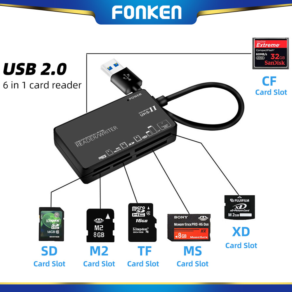 FONKEN 6 in 1 USB2.0/Type-C Card Reader Multi Function CF M2 MS XD SD TF Six Card Slot Camera Password Box Card Reader