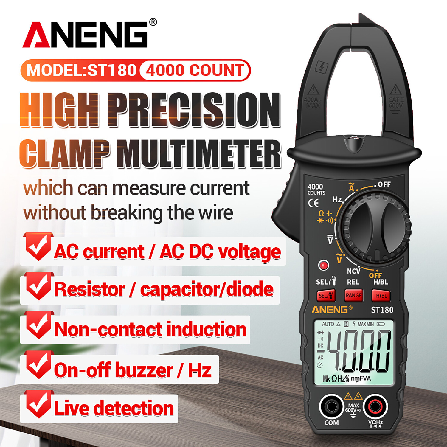 NANWEI ANENG ST180 4000 Counts Digital Clamp Meter Multimeter Voltmeter Ammeter AC DC Voltage Meter NCV Tester Universal Meter Tester Current Clamp Tester -30~1000°C Temperature Resistance Capacitance Frequency Diode Measurement