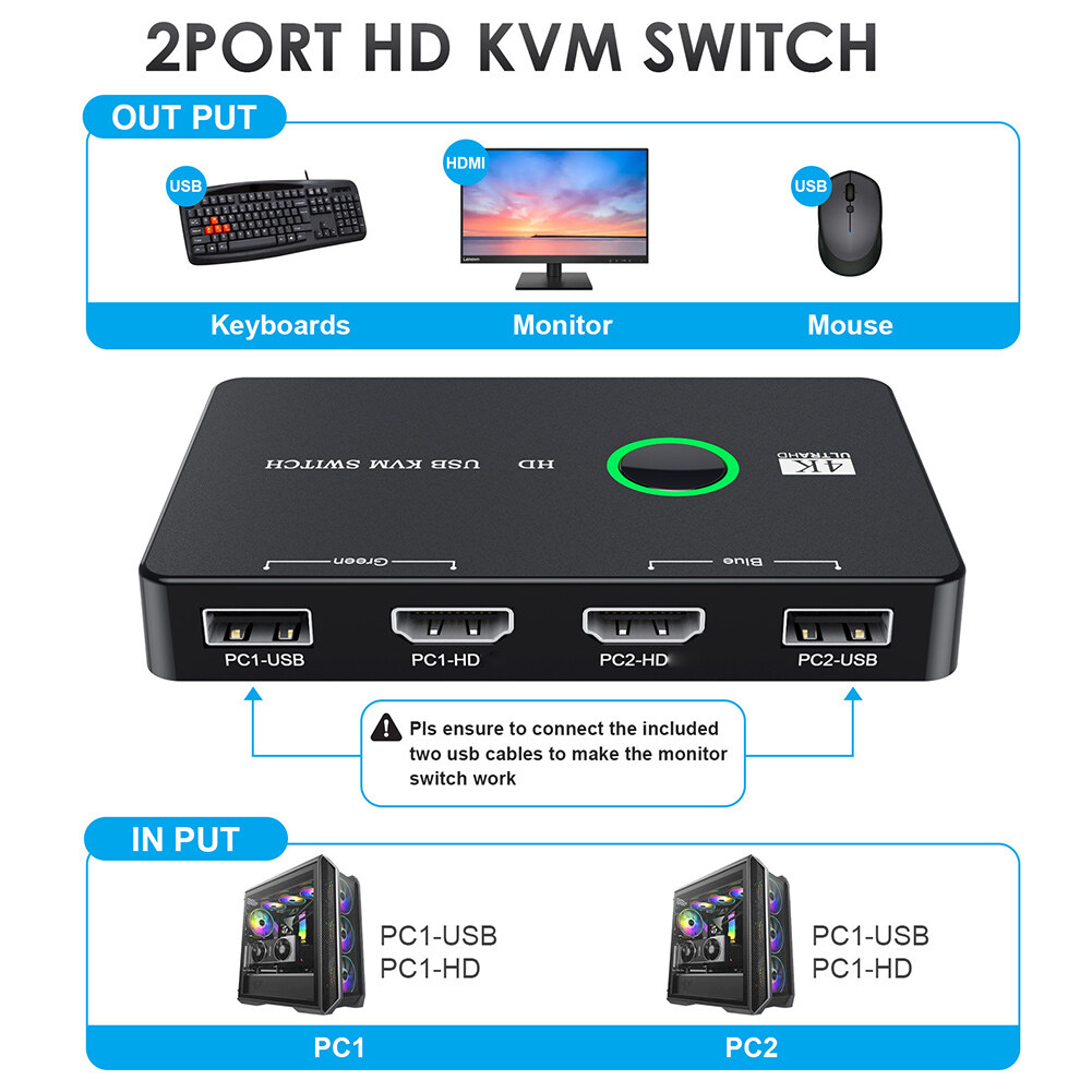 KVM Switcher Display KVM Hub Adapter Equipment USB KVM Selector for 2 PC Sharing