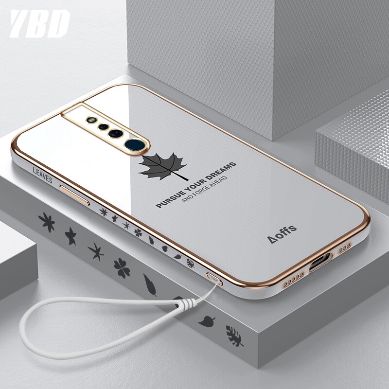 YBD Straight Edge Plating Phone case For OPPO F11 casing,Precise Camera Protection case Maple leaf pattern cover with Free lanyard