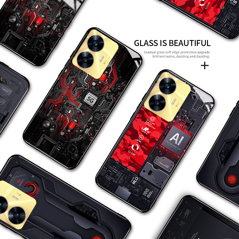 Hontinga Casing Case For Realme C55 Case Technology Circuit Board Explorer Exploration Theme Version Phone Case Tempered Glass Back Cover Casing Hard Case For Boys For Men