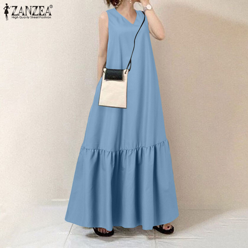 ZANZEA Korean Style Women Summer Casual Sleeveless Long Tiered Dress V Neck Long Tank Sundress