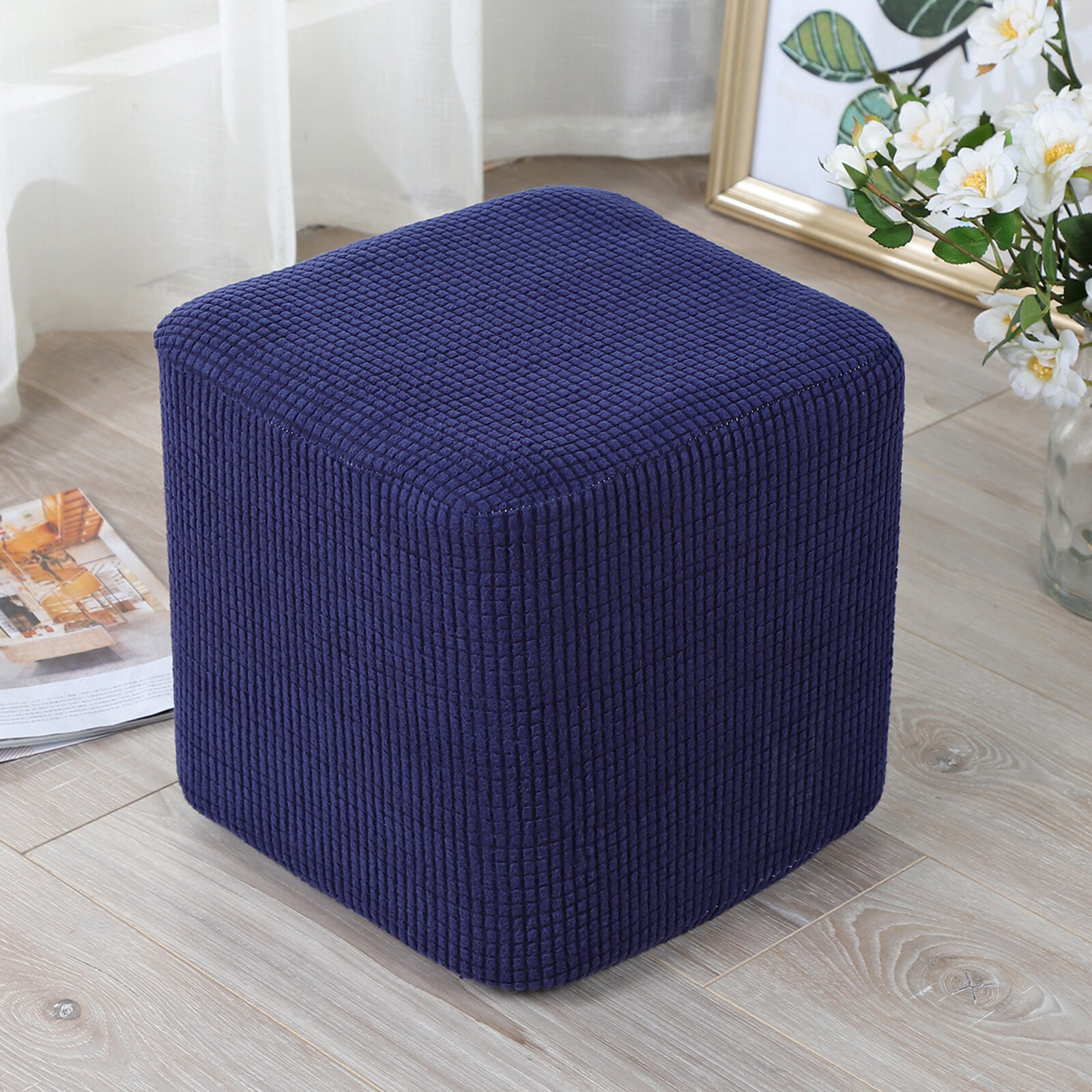 Stretch Ottoman Cover Footstool Slip Cover Square Pouf Slipcover Rectangle 2Size 