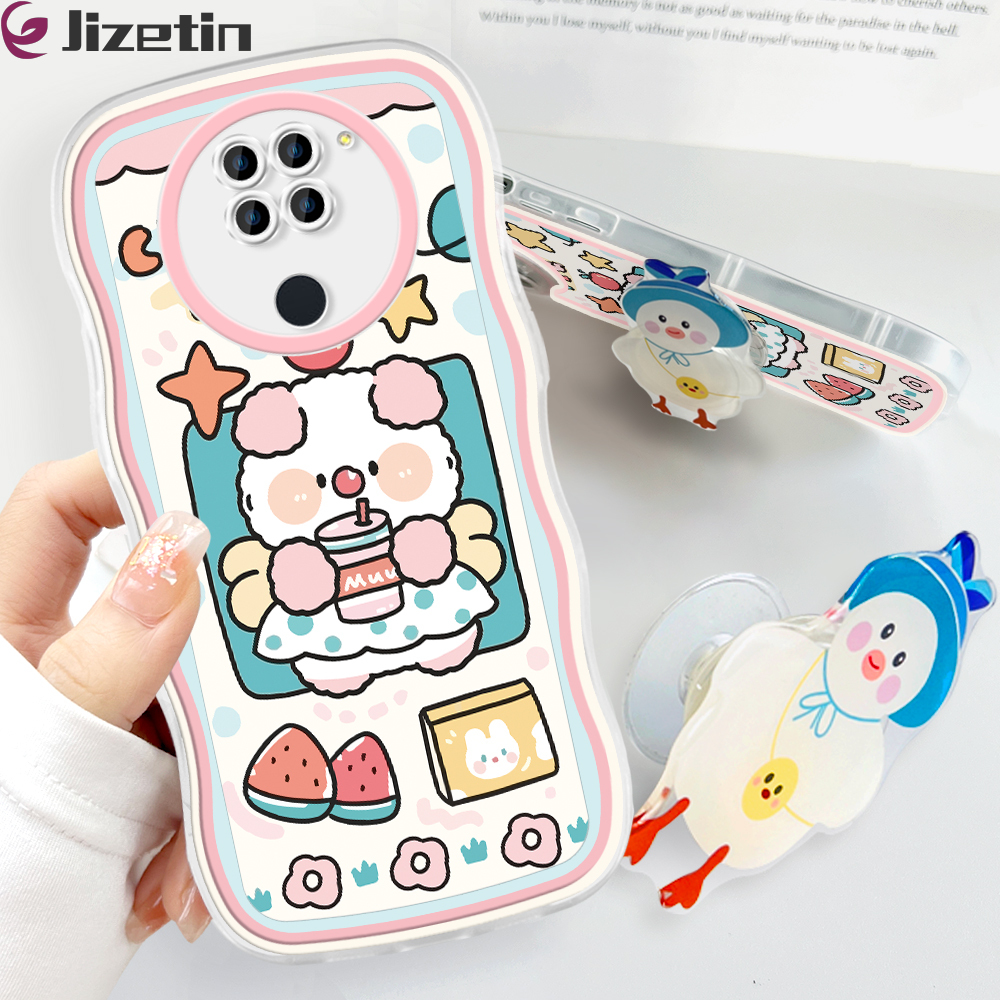 (With Free Holder) Jizetin Phone Casing For Xiaomi Redmi Note 10 Note 10S Note 10 Pro Note 10 5G Note 9 Note 8 Fashion Soft Wavy Case Cute Pig Duck Bear Rabbit Cartoon Shockproof Cellphone Casing Full Cover Camera Protection