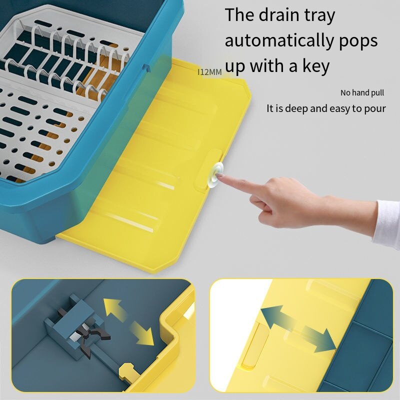 Disinfection Dish Rack,Plastic Storage Cupboard,Kitchen Drain Rack with Lid Cover and Drainboard