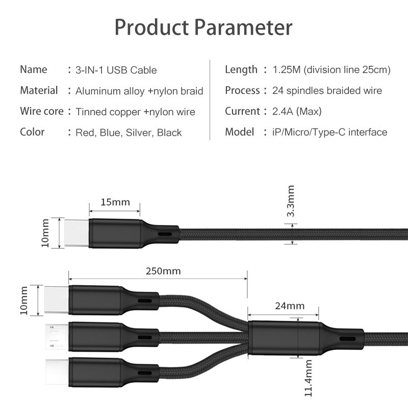 FONKEN Cáp USB 3 Trong 1 Cáp Sạc Điện Thoại Loại C Sang USB C Micro USB Cáp Sạc Nhanh PD, Dây Cáp Android Nylon Cho Điện Thoại Di Động iPhone 12 Type-C
