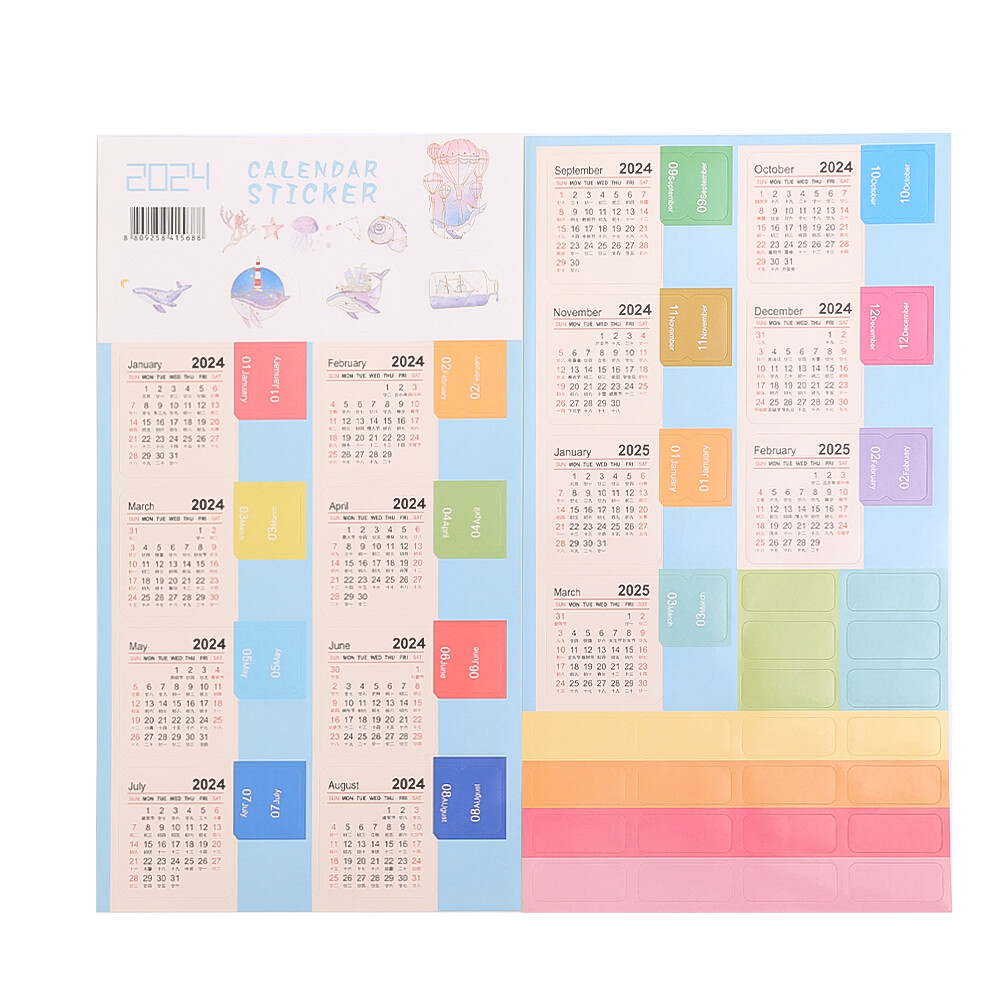 2024 Calendar Stickers Kawaii Journal Planner Index Stickers Notebook Bookmarks Stationery Office