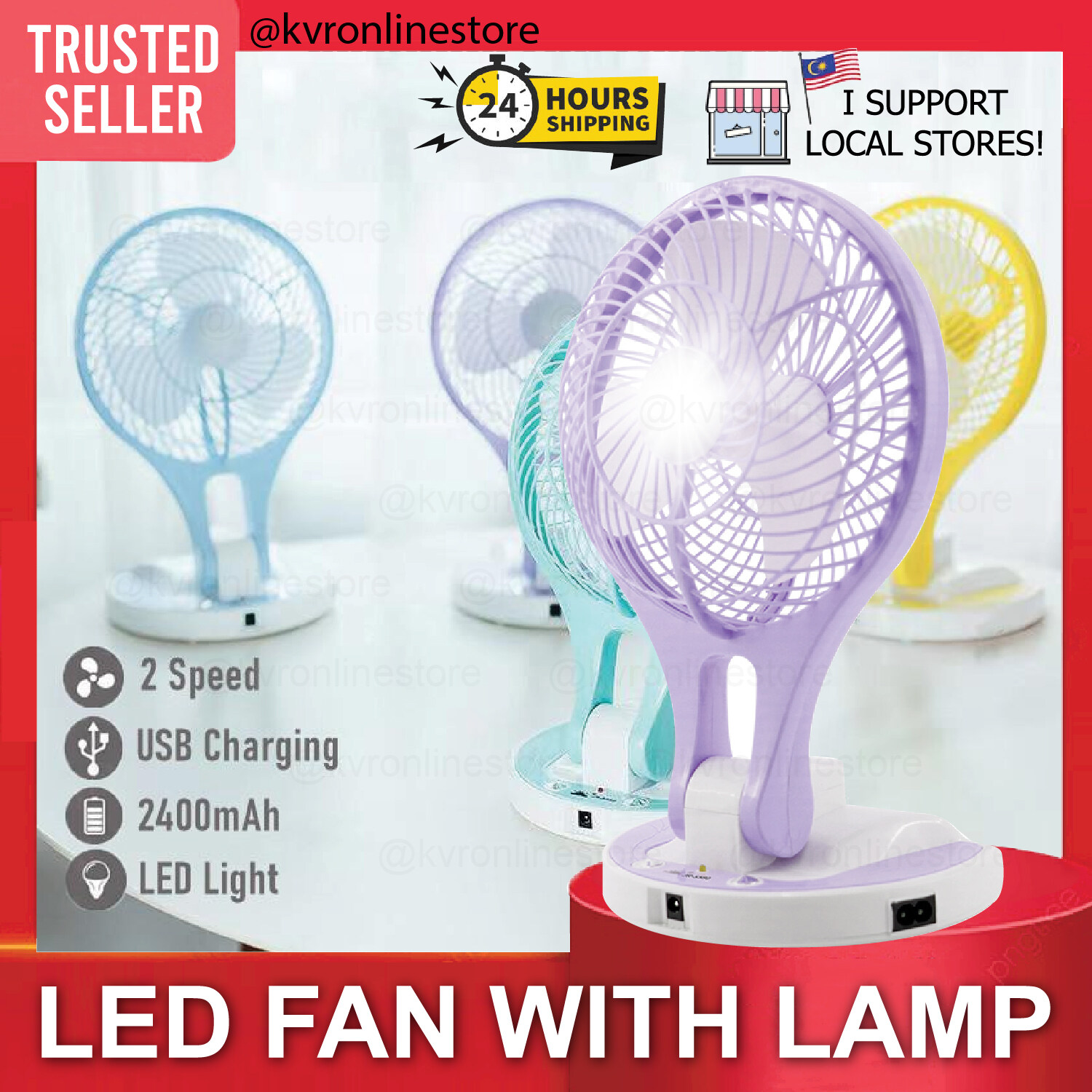 JR5580 Rechargeable Foldable Desk Fan with LED Light 2 Speeds / Kipas
