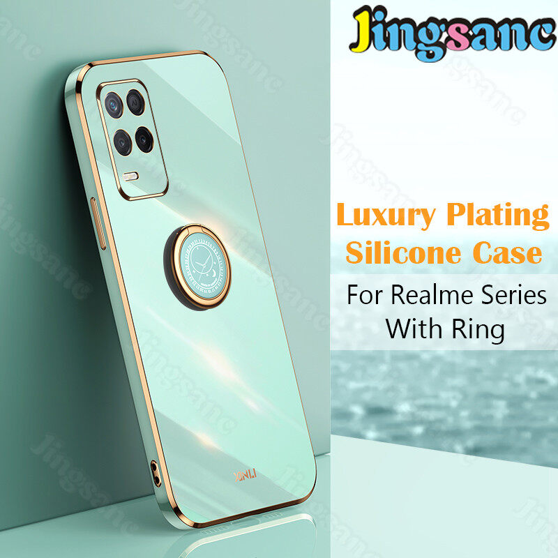 Jingsanc For Realme 8 5G/7 5G/GT 5G/GT Neo 5G/C15/C15 Qualcomm Edition Phone Case Luxury Plating With Ring Holder Casing Simple Stand Silicone Electroplating Straight Square Edge Case All-inclusive lens Back Cover