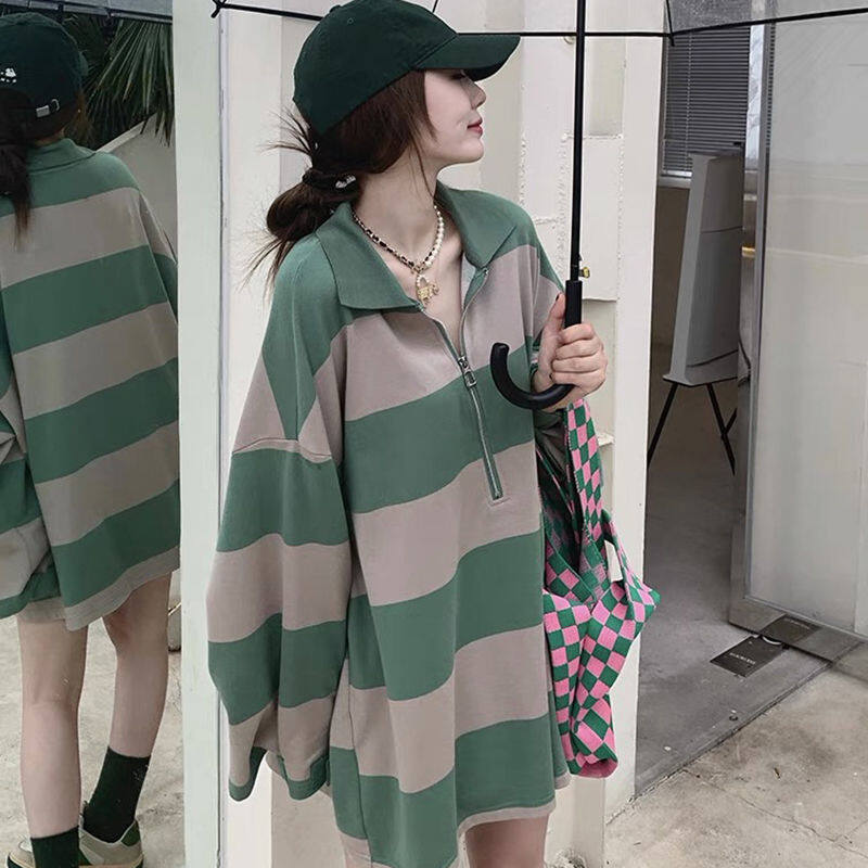 Striped hoodie for women Plus size Korean style Long sleeve loose tshirt